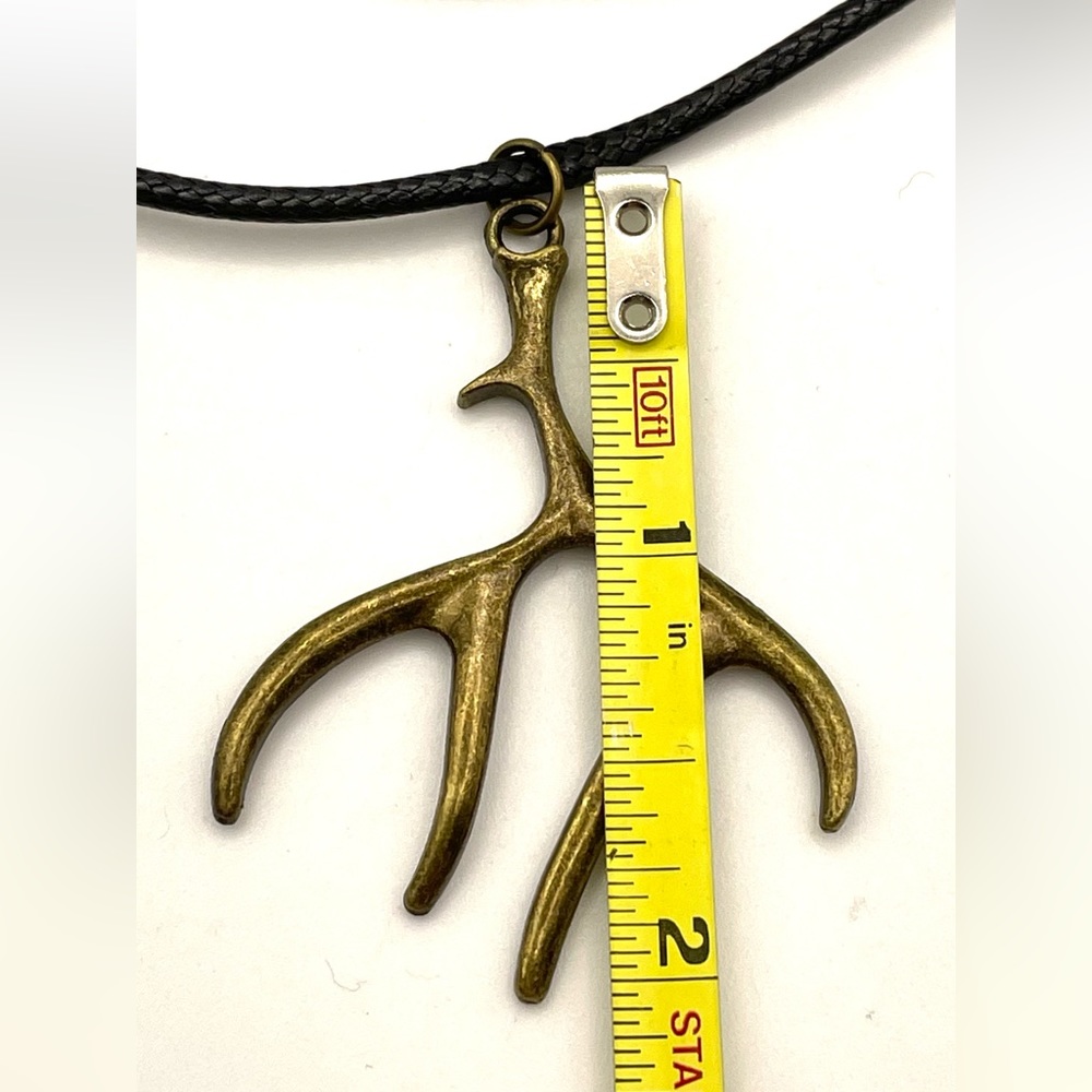 Bronze Tone Deer Antler Pendant on Black Cord Necklace 16” - Picture 4 of 7